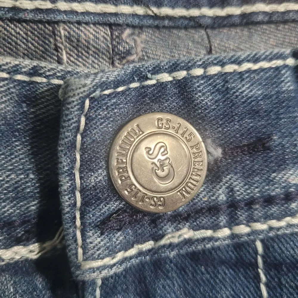 Guess GS-115 Premium Jeans Mens 38x32 Blue Med Wash Regular Straight Distressed